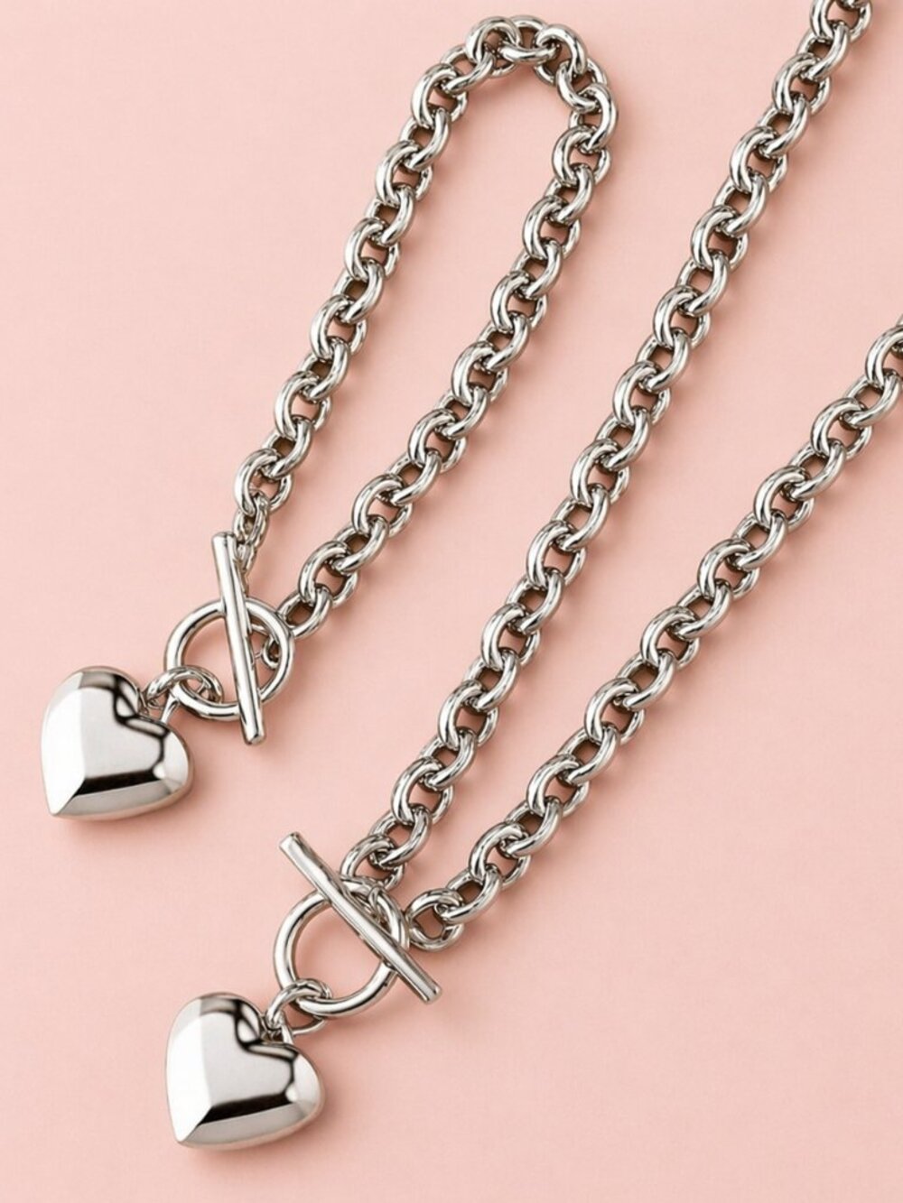 ๐ 2pc Heart Charm Necklace & Bracelet Set Silver Tone Chain Motherโs Day Gift - Picture 1 of 8